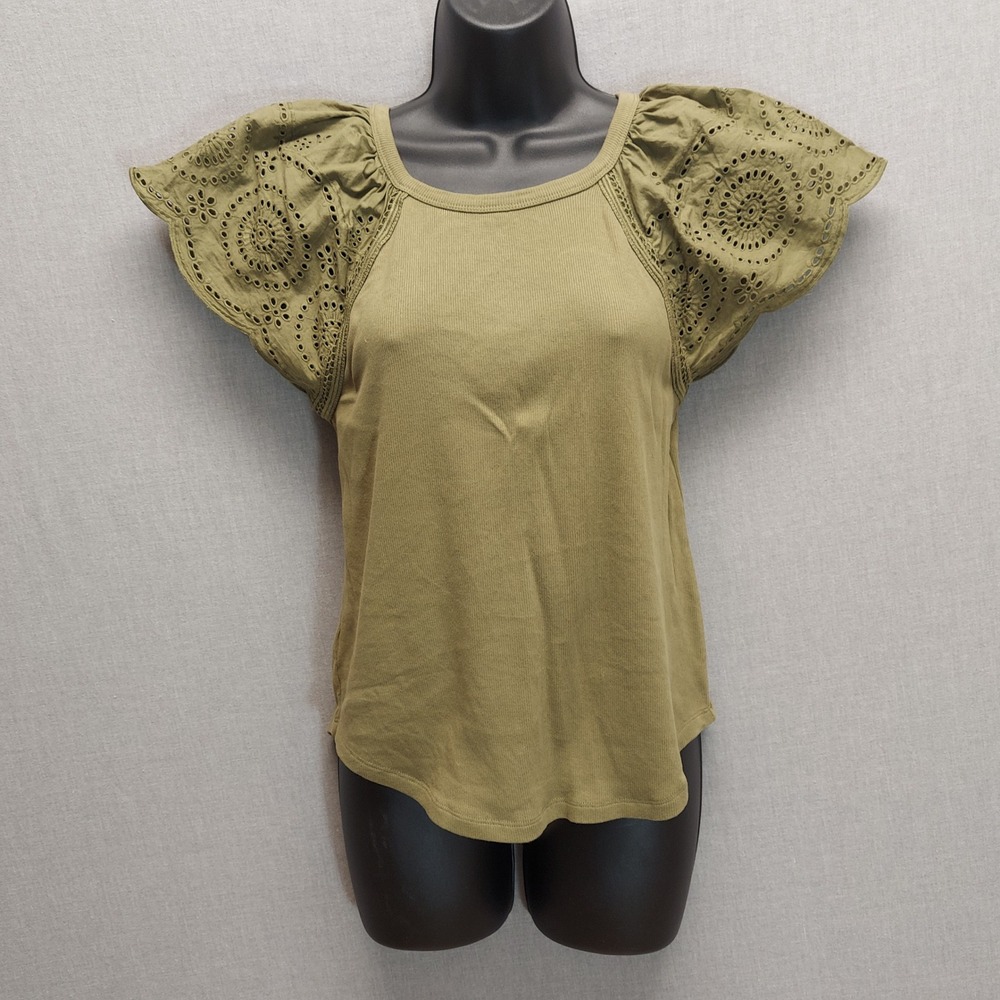 LOFT Olive Green Eyelet Top Women S  Flutter Sleeve Ribbed Knit Cottagecore Boho